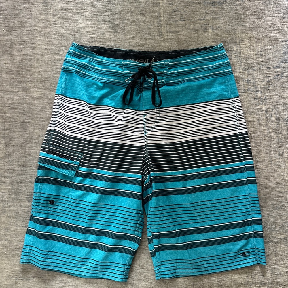EUC Men's O'Neill Striped Blue and White Board Shorts - 29